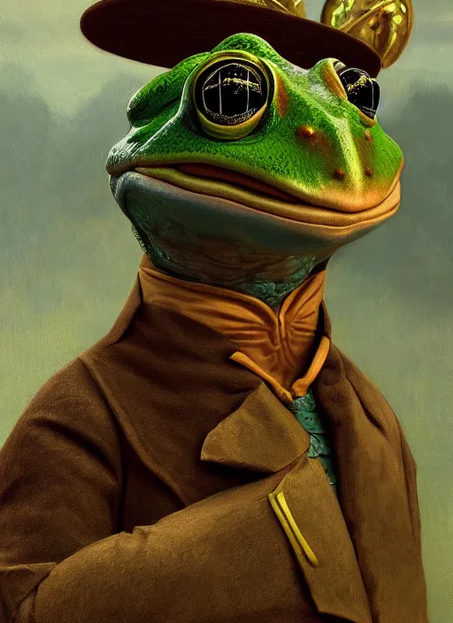 Prompt: frog gentleman in a costume portrait by Lajos Berán, Albert Bierstadt, Robert Henderson Blyth, Claude Bonin-Pissarro, Sandro Botticelli, unreal Engine Fantasy Illustration. award winning, Artstation, Hyperdetailed, 8k resolution