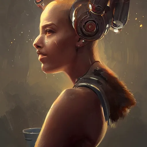 Prompt: portrait of a beautiful cute girl with robot ears by greg rutkowski, 4k, intricate details, coffee background