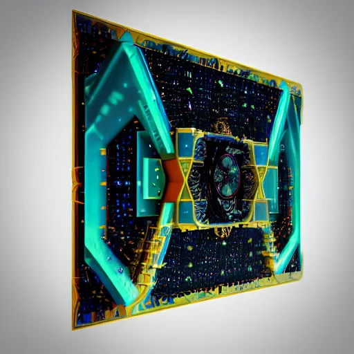 Image similar to Realistic Concept Art Quntum Computer designed by Albert Einstein n blender, Cyan Gold blank light, photorealism, super symmetry, parallelism, antimatter, internet, enter the void, dark-matter, diamond, string theory, virtual reality, 32K, super detailed, details by futuristic Leonardo DaVinci and Stephen Hawking. Wow effect, 3D Render, panorama 360 degree, 3D Projection of 4D. UNREAL ENGINE 5