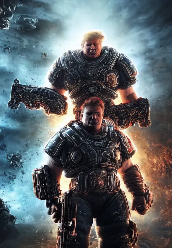 Image similar to Portrait of Donald Trump as god-emperor of humanity in Gears of War, splash art, movie still, cinematic lighting, dramatic, octane render, long lens, shallow depth of field, bokeh, anamorphic lens flare, 8k, hyper detailed, 35mm film grain