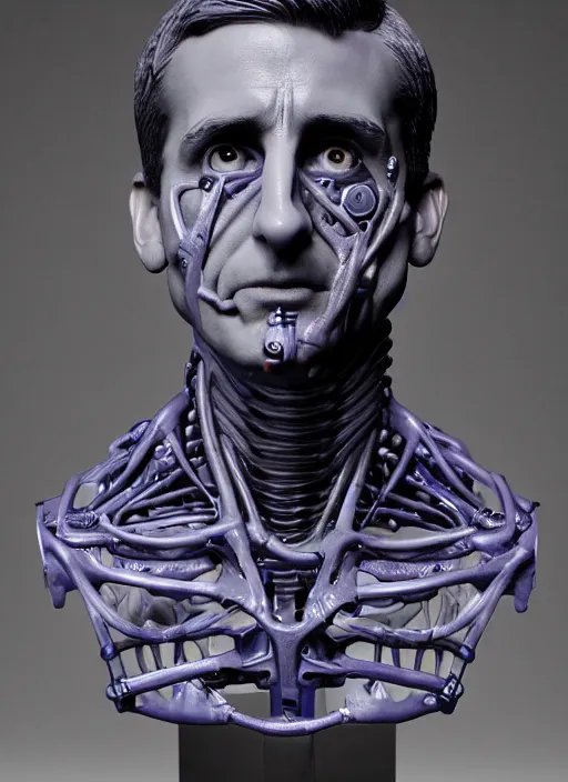 Prompt: a bust sculpture of anatomical detailed cyborg, steve carell, blue blood, become human, ceramic base, orthographic, studio lighting