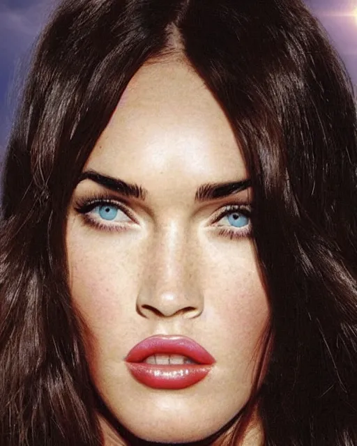Prompt: megan fox as a Greek goddess in the sky, beautiful face