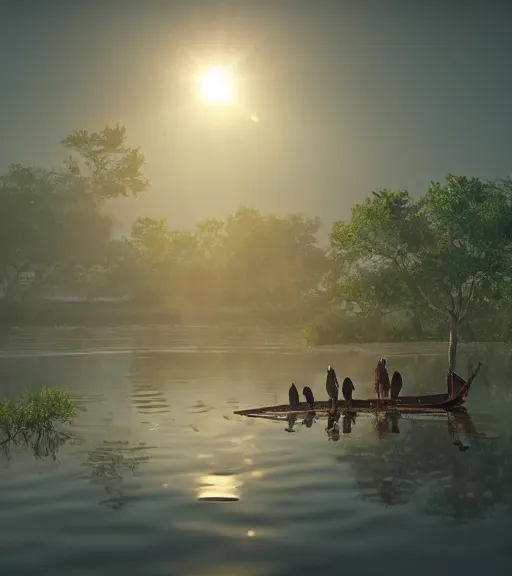 Prompt: three crows standing in a boat in a swamp, the reflection of the swamp, volumetric lighting, fog, majestic light, octane render, ethereal glare of the sun, hyperrealistic, epic, masterpiece, by makoto shinkai