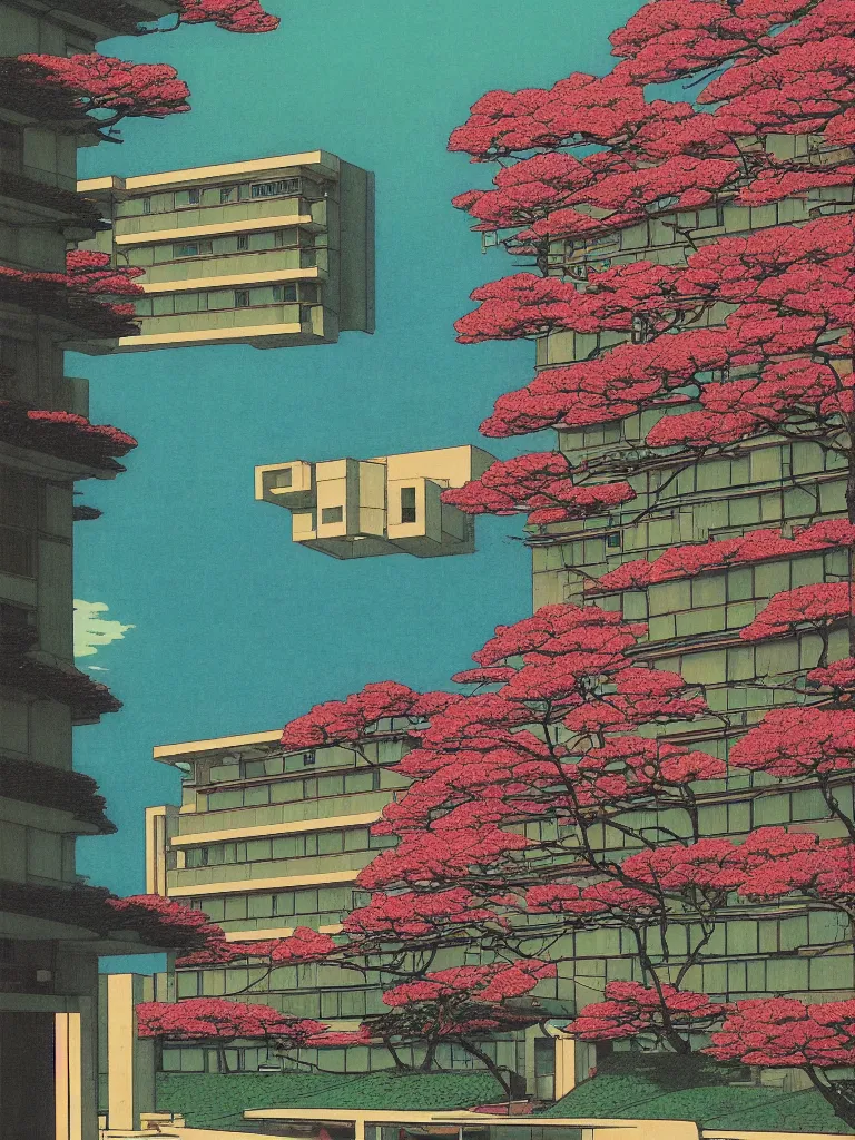 Prompt: a psychedelic hallucination of a brutalist hotel in the springtime blossom mountains, by kawase hasui, moebius, edward hopper, colorful flat surreal design, dramatic lighting, hd, 8 k, artstation