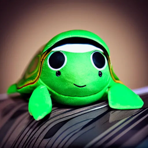 Image similar to a cute turtle plushie on top of a vinyl record player, 30mm, trending on ArtStation, deviantart, high detail, stylized portrait