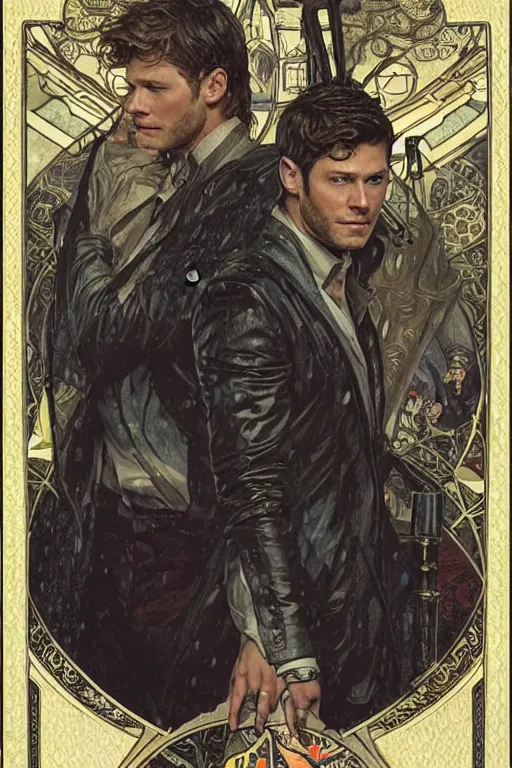 Prompt: a detailed tarot card of jensen ackles and jared padalecki in a supernatural sherlock holmes story, 1 8 th century london in the rain, city streets, ominous, masterpiece, 8 k, art by alphonse mucha and greg rutkowski