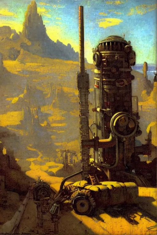 Prompt: fallout, huge machine robot, cool tint, painting by, gaston bussiere, johannes vermeer