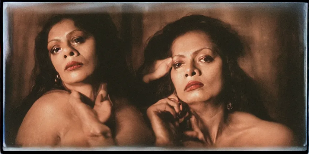 Prompt: detailed medium format photo, polaroid still from tarkovsky movie, portrait of vanessa del rio, haze, high production value, intricate details, 8 k resolution, hyperrealistic, hdr, photorealistic, high definition, tehnicolor, award - winning photography, masterpiece, amazing colors