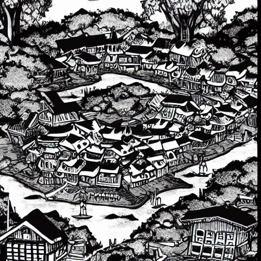 Prompt: village by a river in the style of Eiichiro Oda