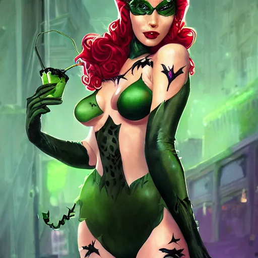 Image similar to a beautiful painting of poison ivy dressed as catwoman and catwoman dressed as poison ivy, intricate, elegant, highly detailed, digital painting, artstation, concept art, matte, sharp focus, illustration, by dan mumford, yusuke murata, makoto shinkai, ross tran