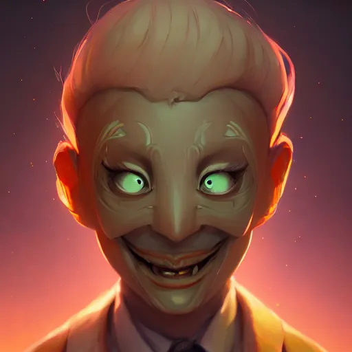 Image similar to a portrait of a cinematic still of the happy mask salesman, art by lois van baarle and loish and ross tran and rossdraws and sam yang and samdoesarts and artgerm and saruei and takaya imamura, digital art, highly detailed, intricate, sharp focus, trending on artstation hq, deviantart, unreal engine 5, 4 k uhd image