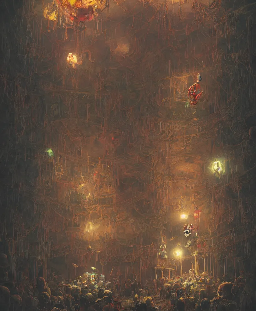 Image similar to skull clown inside a circus, illustrated by Simon Stålenhag and Gaston Bussiere, 35mm lens, rule of third, beautiful volumetric-lighting-style atmosphere, intricate, ultra detailed, photorealistic imagery, trending on artstation, 4k, 8k