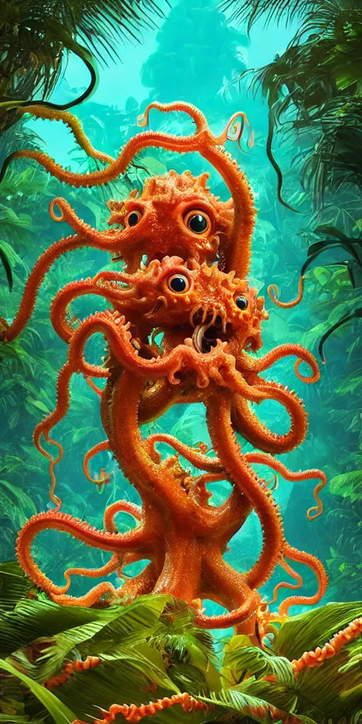 Image similar to of a tropical rainforest lake with strange cute friendly happy creatures with huge eyes, mouth, long tongue, round teeth and tentacles appearing from sandy coral, in the style of gehry and gaudi, macro lens, shallow depth of field, ultra detailed, digital painting, trending artstation, concept art, illustration, cinematic lighting, photorealism, epic, octane render