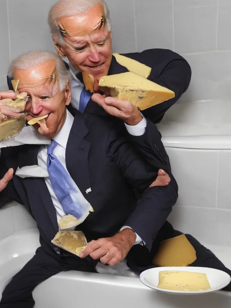 Image similar to Joe Biden eating cheese in a bathtub