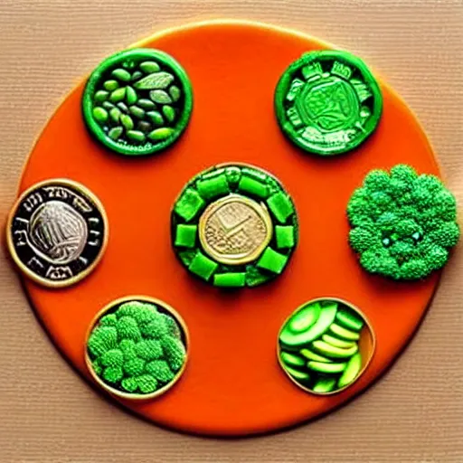 Image similar to edible coins made of vegetables, finely chopped vegetables in the shape of coins