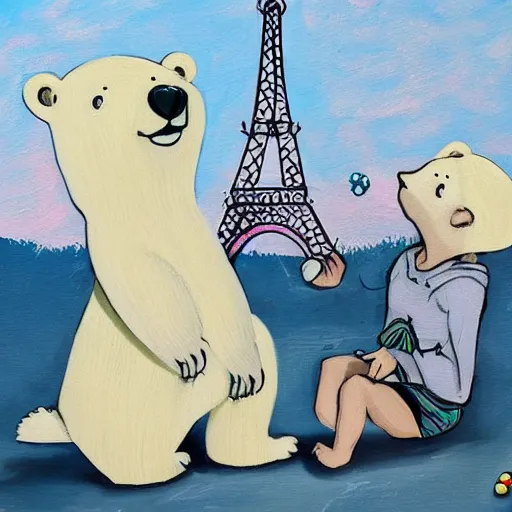 Image similar to A polar bear painting easter eggs in front of the Eiffel Tower