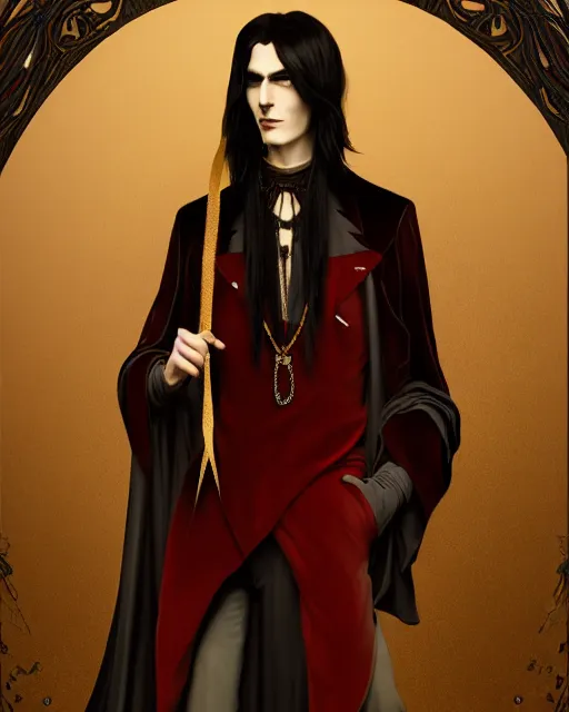 Image similar to a beautiful androgynous man, long hair, tall and thin, vampire, dressed in velvet, wearing several pendants and a choker, illustration, dramatic lighting, soft details, painting oil on canvas, art nouveau, octane render, hdr, 4 k, 8 k, hd, by edmund blair leighton, brom, charlie bowater, faces by otto schmidt