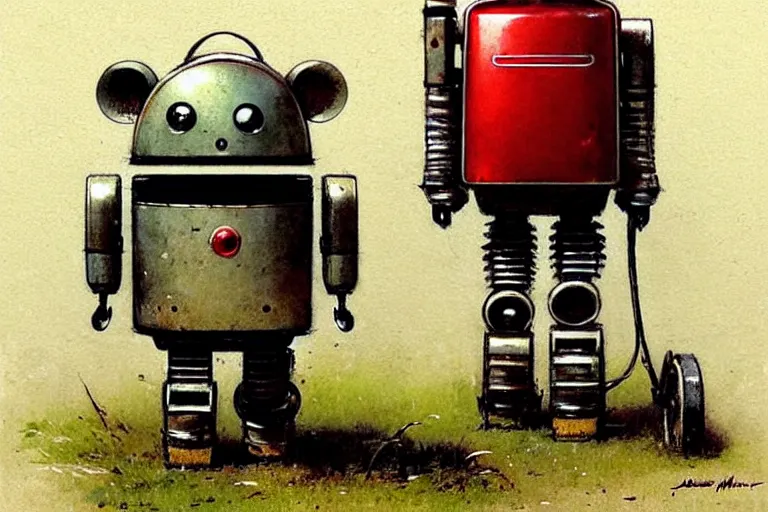 Image similar to adventurer ( ( ( ( ( 1 9 5 0 s retro future robot android fat mouse lawnmower. muted colors. ) ) ) ) ) by jean baptiste monge!!!!!!!!!!!!!!!!!!!!!!!!! chrome red