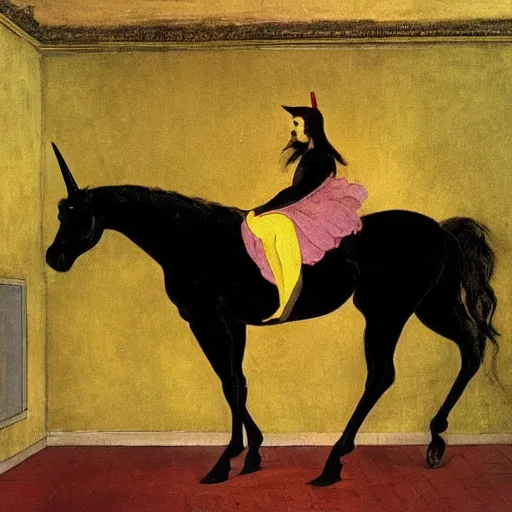 Image similar to a black unicorn in a gold haunted liminal room, digital painting by goya, colors by pontormo, lights by hopper, extreme detail, liminal aesthetic, background art nouveau