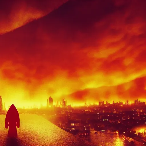 Image similar to Red grim reaper watching over a city in flames, yellow sky, 8k resolution