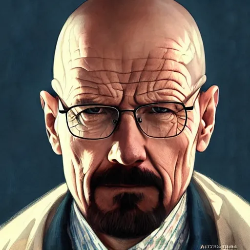 Prompt: Beautiful portrait of Walter White, wide angle, intricate, wild, highly detailed, digital painting, artstation, concept art, smooth, sharp focus, illustration, art by artgerm and greg rutkowski and alphonse mucha - W 768