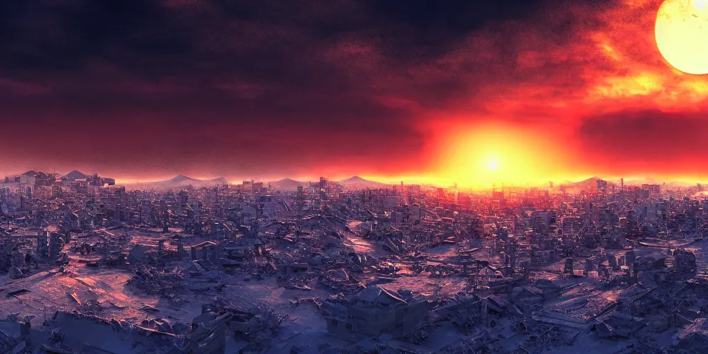 Image similar to nuclear winter, tokyo city, near future, fantasy, sci - fi, hyper realistic, serene, sunset.