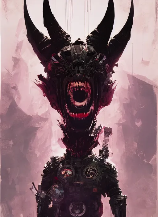 Image similar to dark Joe Biden grinning emperor of the world with big american devil horns, high contrast, cosmic horror, abstract, masterpiece, trending on ArtStation, by Greg Rutkovski and by Craig Mullins and by David Cronenberg and by Ismail Inceoglu