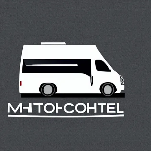 Prompt: minimal professional vector logo featuring a white and black cute thor chateau motorhome camper!, highway, mountains and sunset!!, very happy, professional colorful simple logo vector art