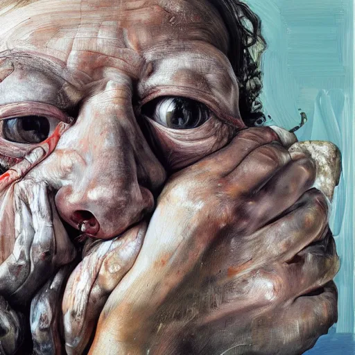 Image similar to high quality high detail painting by lucian freud and jenny saville, hd, madness, turquoise