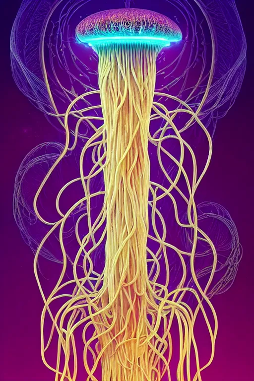 Image similar to beautiful spaghetti jellyfish, ethereal art deco, fantasy, intricate art deco pasta designs, elegant, highly detailed fractals, sharp focus, art by artgerm and beeple and greg rutkowski and wlop