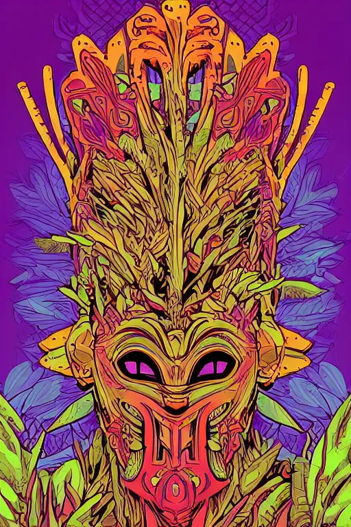 Image similar to animal mask totem roots flower tribal feather gemstone plant wood rock shaman vodoo video game vector cutout illustration vivid multicolor borderlands comics by josan gonzales and dan mumford radiating a glowing aura