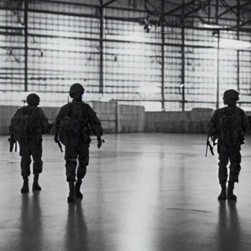 Prompt: soldiers searching through a hangar, 1 9 8 7, dim lighting, movie still