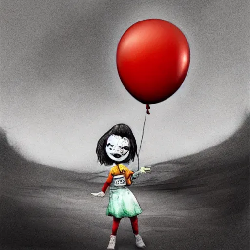 Image similar to grunge cartoon landscape sketch of bilie eilish with a wide smile and a red balloon by - michal karcz, loony toons style, pennywise style, horror theme, detailed, elegant, intricate