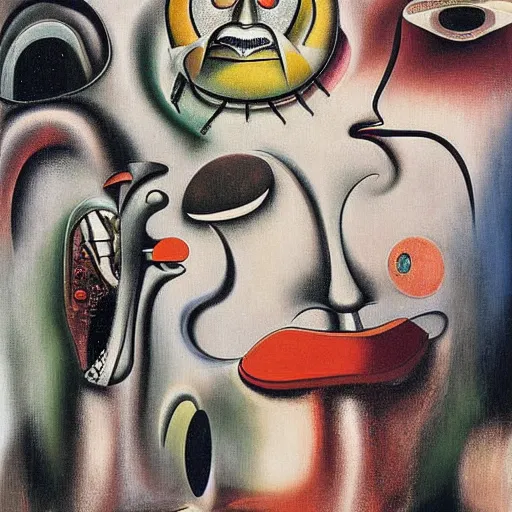 Prompt: Oil painting by Roberto Matta. Strange mechanical beings kissing. Close-up portrait by Takashi Murakami. Dali.