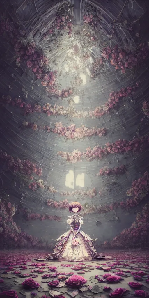 Prompt: the beautiful hyper detailed clothing of a rose wedding gothic lolita dress clothing design display in exhibition hall, exhibition hall lighting, in the style of makoto shinkai victo ngai and peter mohrbacher studio ghibli artgerm karol bak beeple, surrealistic style, 8 k hd, 3 drender, hyperdetailed