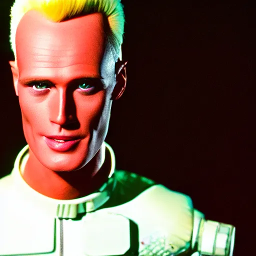 Prompt: uhd candid photo of max headroom wearing a spacesuit, glowing, global illumination, studio lighting, radiant light, detailed, correct face, elaborate intricate costume. photo by annie leibowitz