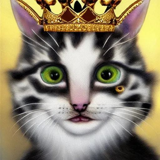 Image similar to a kitten emperor adorned in jewels. hyper realistic, king, gold crown, portrait