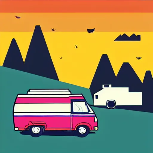 Image similar to vector art of a white and black cute thor chateau! motorhome camper!!, highway, mountains and colorful sunset!!, very happy, minimal vector art sticker!! by tom whalen, sanja stikovic