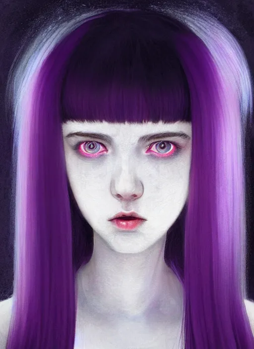 Image similar to hair whitebangs hair, black hair, whitebangs, portrait of teenage girl with white bangs, red irises, purple clothes, white bangs, bangs are different color from hair, intricate, elegant, glowing lights, highly detailed, digital painting, artstation, concept art, smooth, sharp focus, illustration, art by wlop, mars ravelo and greg rutkowski