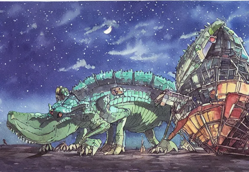 Image similar to a hyperrealist watercolor concept art from a studio ghibli film showing a giant mechanized crocodile from howl's moving castle ( 2 0 0 4 ). a pyramid is under construction in the background, in the rainforest on a misty and starry night. a ufo is in the sky. by studio ghibli