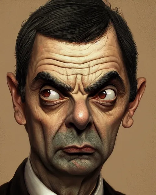 Image similar to mr. bean, hyper realistic face, beautiful eyes, fantasy art, in the style of greg rutkowski, intricate, hyper detailed, smooth