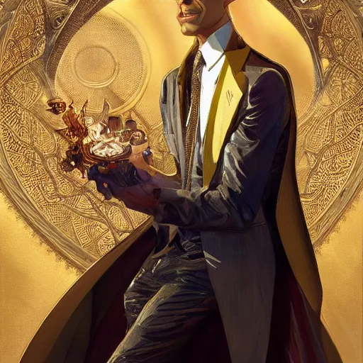 Image similar to Sandman with a gold suit, portrait, intricate, elegant, highly detailed, digital painting, artstation, concept art, smooth, sharp focus, illustration, art by artgerm and greg rutkowski and alphonse mucha