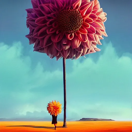 Image similar to closeup, giant dahlia flower as a head, a girl walking between dunes, surreal photography, sunrise, blue sky, dramatic light, impressionist painting, digital painting, artstation, simon stalenhag