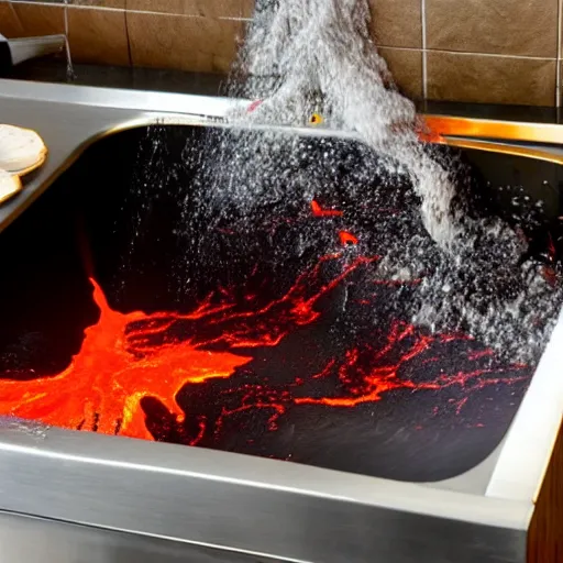 Image similar to there is a volcano erupting from my kitchen sink with streams of lava flowing out from it