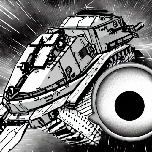 Image similar to heavy armor battle tank painted in white and black yin - yang dao symbol blasting away at dystopia, cosmos backdrop