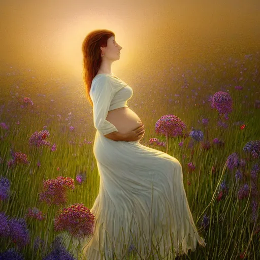 Prompt: extremely detailed and intricate portrait of a pregnant woman with long auburn hair in a white cotton dress pondering life as she watches the sun set, nature, field of wild flowers, deviantart, fantasy art, sunrays shine upon it, deviantart, mystical, art style by zdzistaw beksinski and brian froud and esao andrews and thomas kinkade