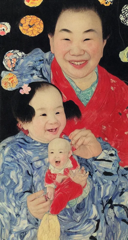 Image similar to A baby girl sitting, toy in hand, selfie, big smile, art by Qi Baishi and Klimt