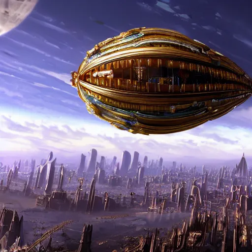 Image similar to enormous flying city in a gigantic faberge egg, sky, steampunk, floating islands, fantasy art, unreal engine,