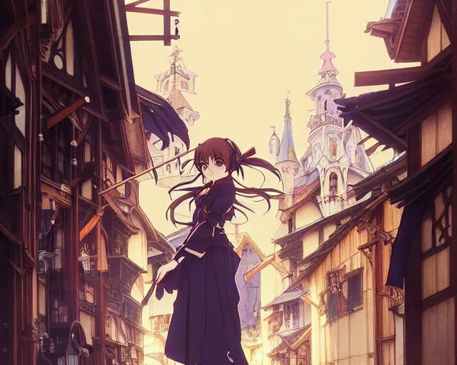 Prompt: kyoani, key anime visual portrait of a young female witch walking through a busy medieval village, dynamic pose, dynamic perspective, cinematic, dramatic lighting, muted colors, detailed silhouette, textured, anime proportions, alphonse mucha, perfect anime, yoh yoshinari, takashi murakami