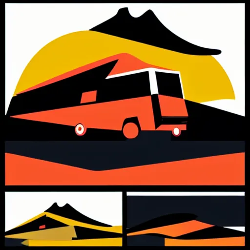 Image similar to very very very stylized minimal vector graphic of a thor chateau motorhome, mountains, highway and sunset!!, white background, dramatic, professional minimal graphic design cartoon